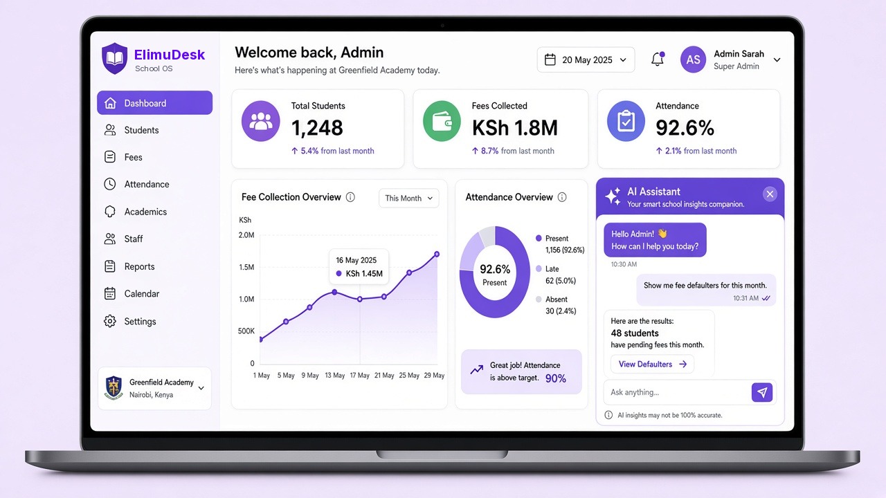 ElimuDesk dashboard on a laptop screen