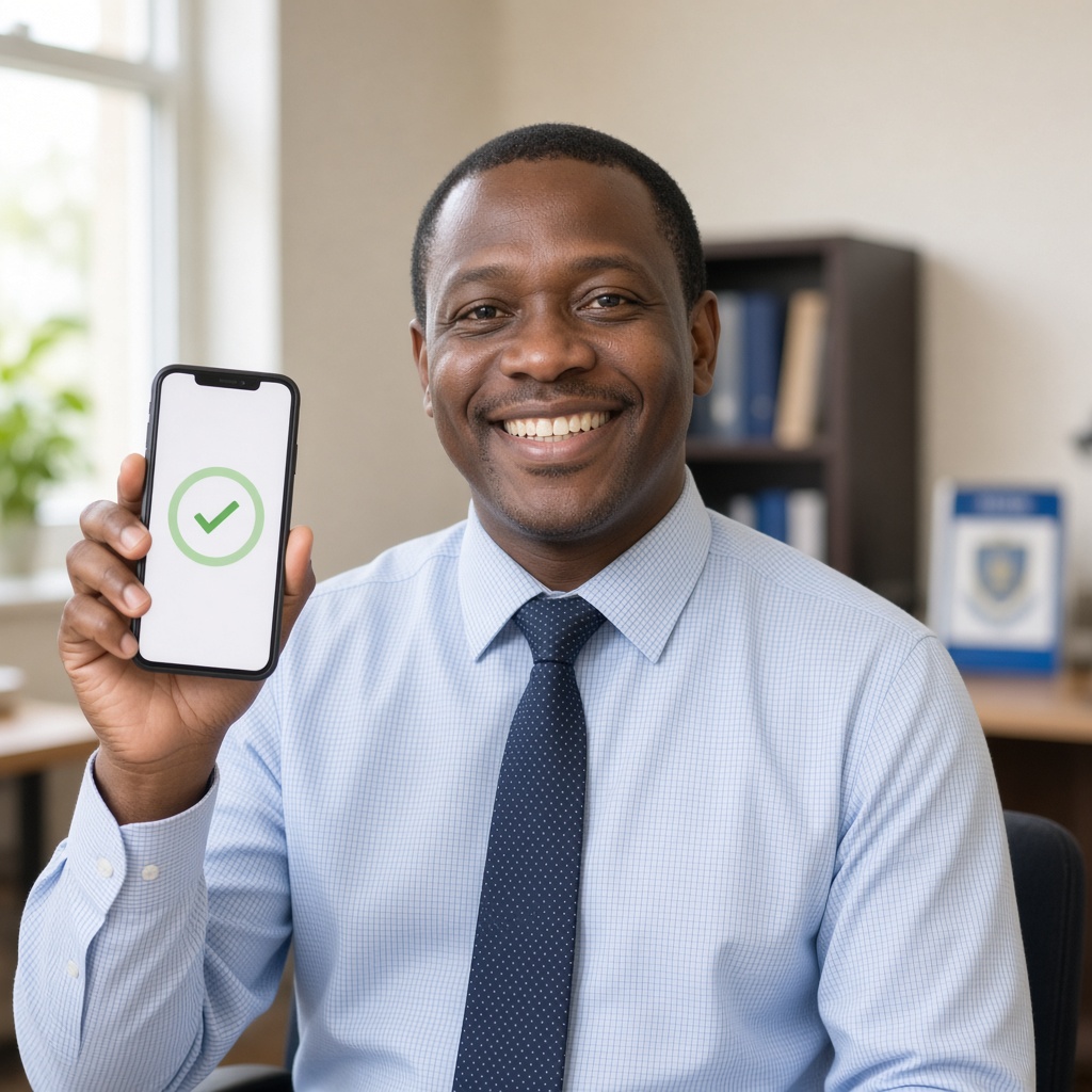 Bursar holding a phone showing a payment confirmation